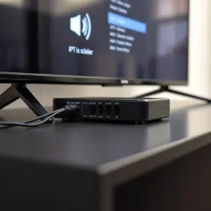 alt_text: A close-up of a modern IPTV set-top box troubleshooting audio settings, showing a muted icon on the TV screen.