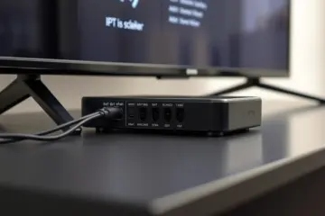 alt_text: A close-up of a modern IPTV set-top box troubleshooting audio settings, showing a muted icon on the TV screen.