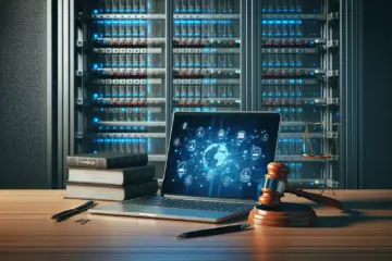 alt_text: A modern digital workspace blending law and technology, with a laptop, legal documents, and server racks, conveying legitimacy and compliance.