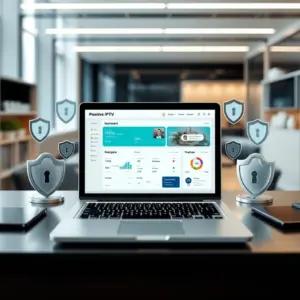 alt_text: A secure IPTV brand dashboard on a laptop in a modern office, surrounded by shields and locks, conveying trust and proactive management.