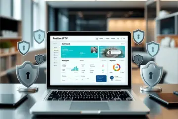 alt_text: A secure IPTV brand dashboard on a laptop in a modern office, surrounded by shields and locks, conveying trust and proactive management.