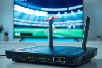 alt_text: A modern Wi-Fi 6 router with glowing cables on a sleek desk, with a sharp 4K sports broadcast on a TV in the background.