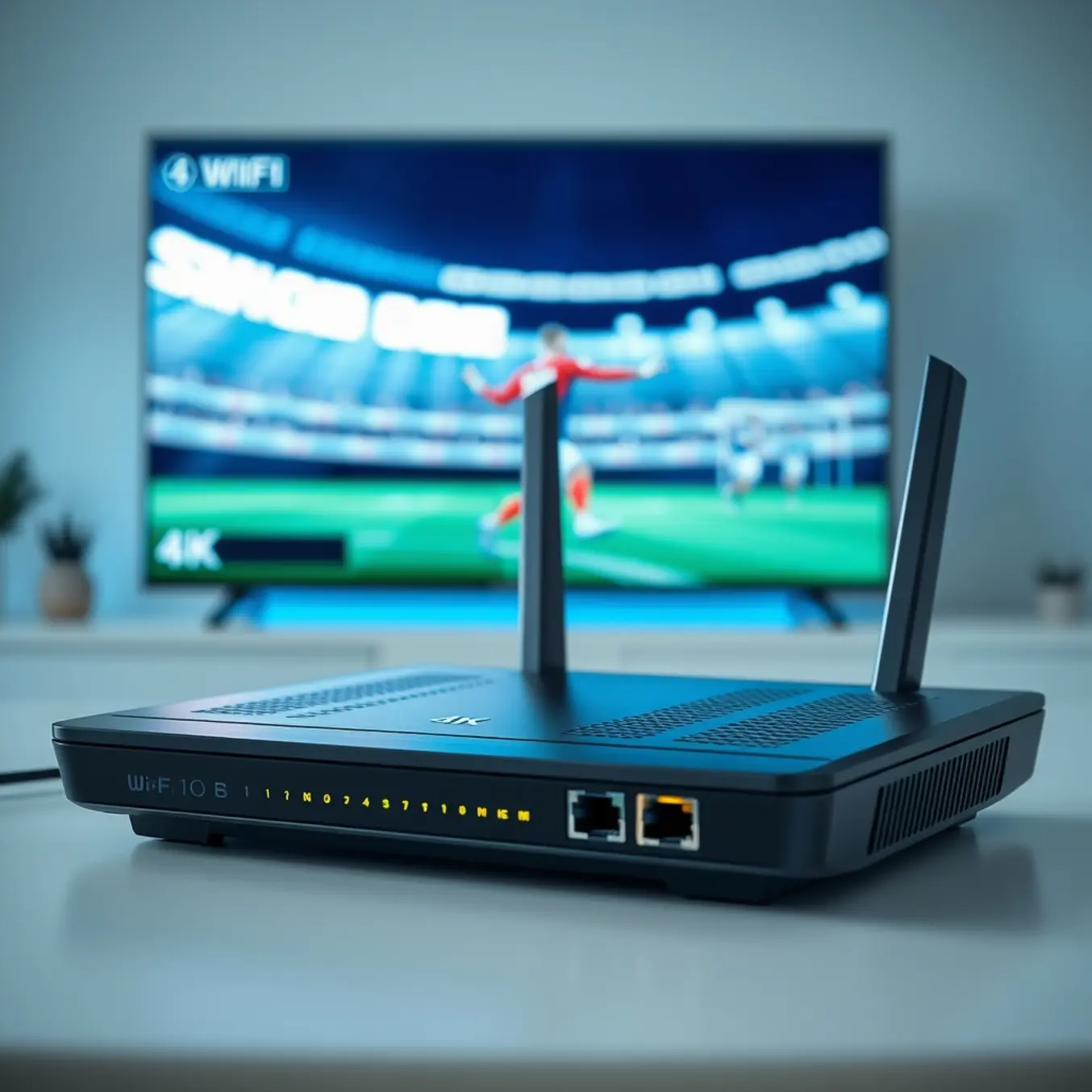 alt_text: A modern Wi-Fi 6 router with glowing cables on a sleek desk, with a sharp 4K sports broadcast on a TV in the background.