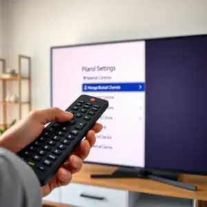 alt_text: A person using a remote to navigate the "Manage Blocked Channels" parental control setting on a modern TV.