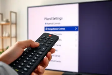 alt_text: A person using a remote to navigate the "Manage Blocked Channels" parental control setting on a modern TV.