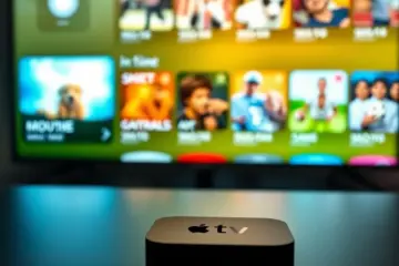 alt_text: A sleek Apple TV remote rests near a glowing TV screen displaying a vibrant grid of IPTV channels for movies and sports.