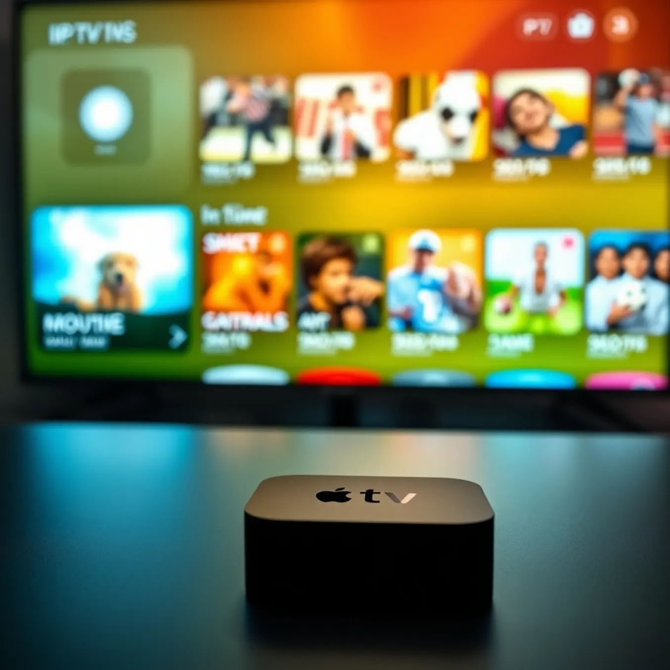 alt_text: A sleek Apple TV remote rests near a glowing TV screen displaying a vibrant grid of IPTV channels for movies and sports.
