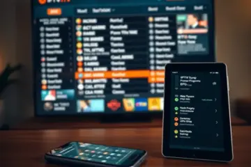 alt_text: A modern living room setup with a flatscreen TV, phone, and tablet all synced and displaying the same IPTV program guide.