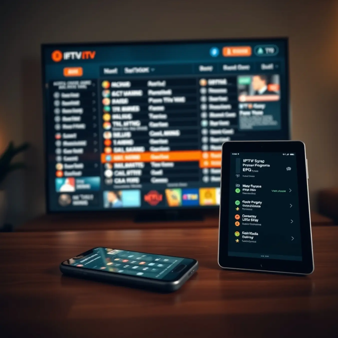 alt_text: A modern living room setup with a flatscreen TV, phone, and tablet all synced and displaying the same IPTV program guide.