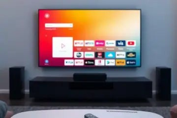 alt_text: A minimalist home theater with a projector displaying a vibrant IPTV interface on a wall in a cozy, dimly-lit room.