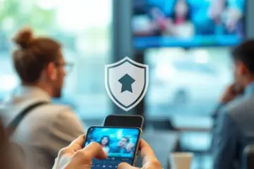 alt_text: A person in a bright cafe securely streams IPTV on their smartphone, indicated by a digital shield icon on the screen.
