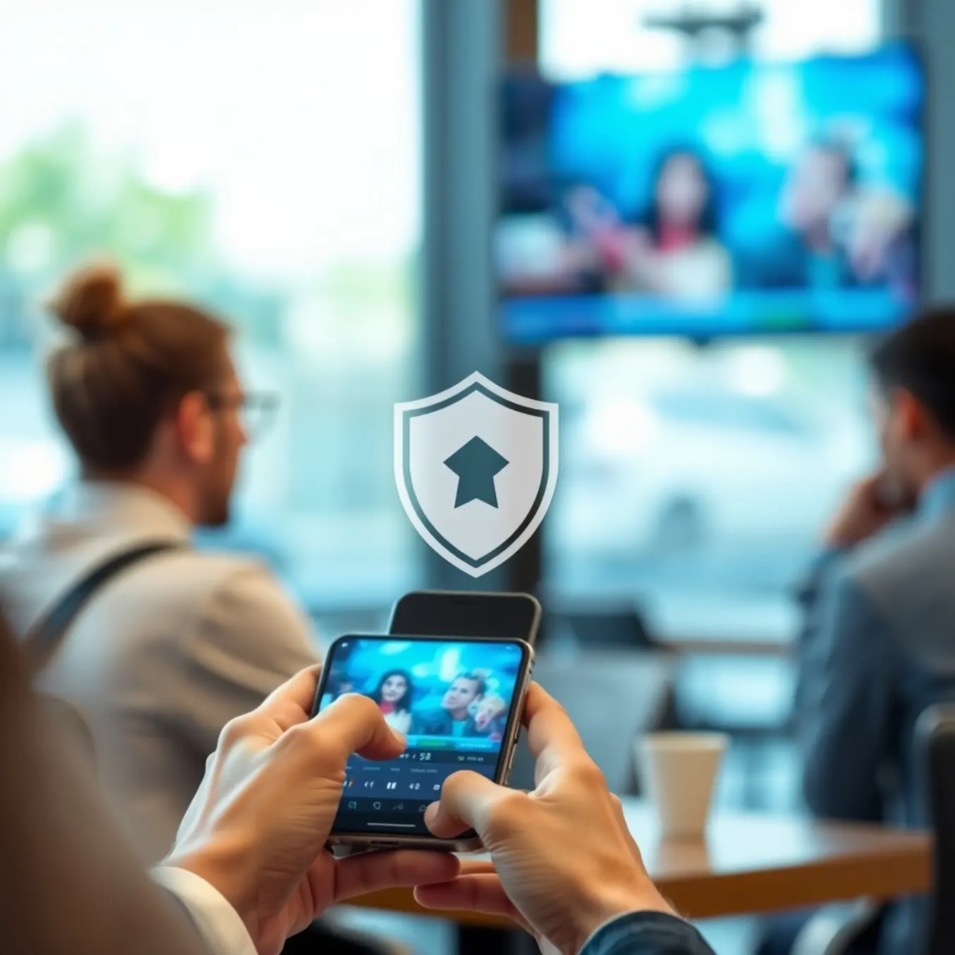 alt_text: A person in a bright cafe securely streams IPTV on their smartphone, indicated by a digital shield icon on the screen.
