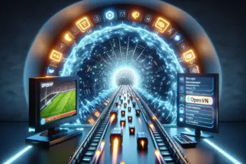 alt_text: A 3D animation showing an HD IPTV stream on a TV becoming pixelated and laggy after passing through a secure OpenVPN tunnel.