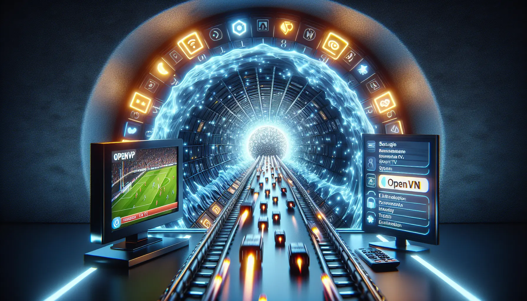 alt_text: A 3D animation showing an HD IPTV stream on a TV becoming pixelated and laggy after passing through a secure OpenVPN tunnel.