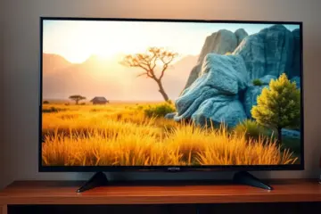 A smart TV streaming a crisp nature documentary in a cozy living room, highlighting stable, budget-friendly internet.