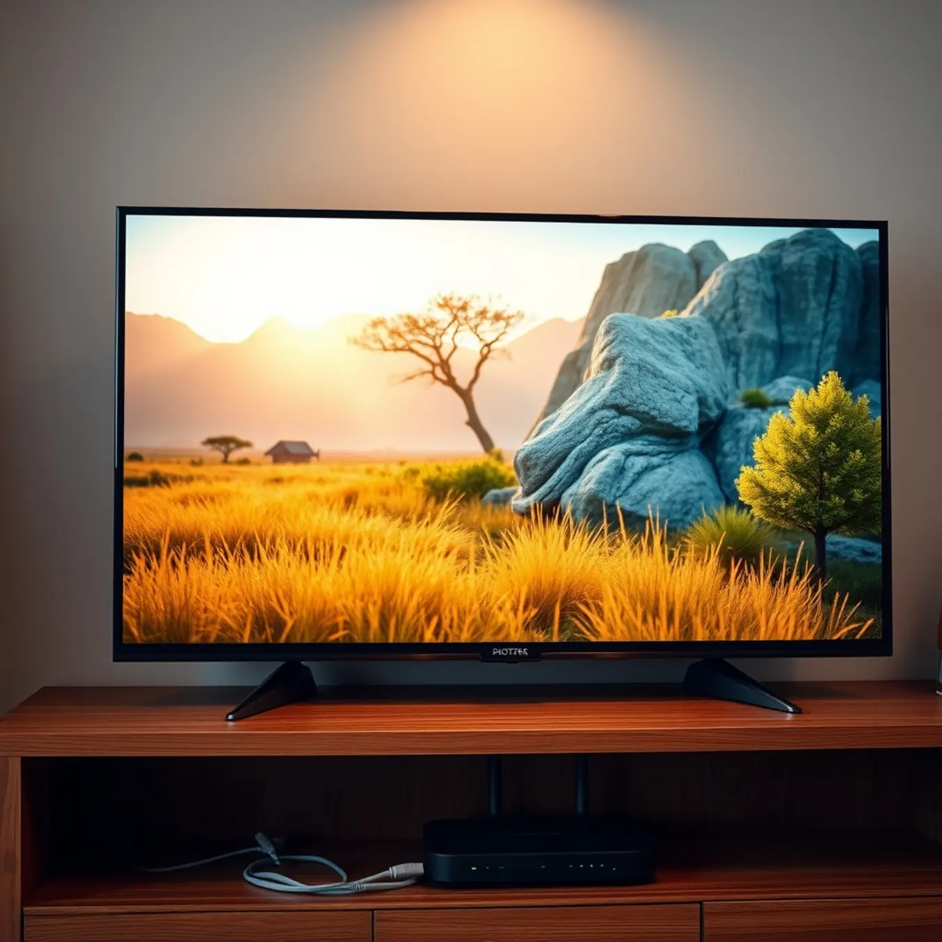 A smart TV streaming a crisp nature documentary in a cozy living room, highlighting stable, budget-friendly internet.