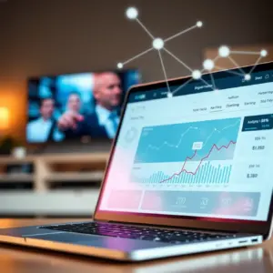 alt_text: A laptop shows a data-rich affiliate dashboard with network lines, symbolizing IPTV partnerships, with a blurred smart TV in the background.