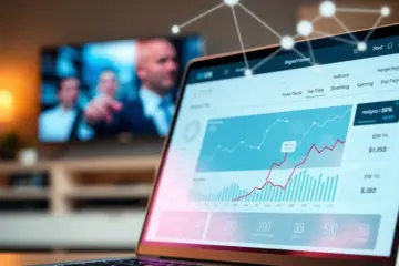 alt_text: A laptop shows a data-rich affiliate dashboard with network lines, symbolizing IPTV partnerships, with a blurred smart TV in the background.