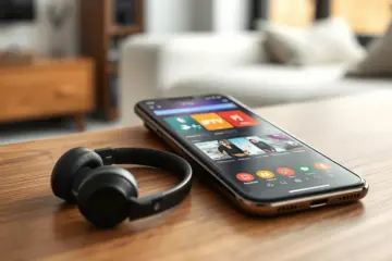 alt_text: A smartphone displaying a colorful IPTV app, resting on a wooden desk next to wireless headphones in a modern living space.