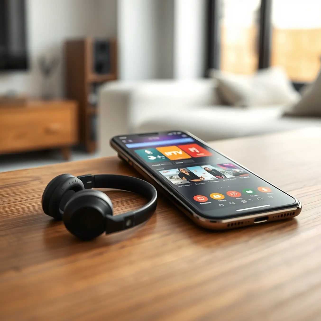 alt_text: A smartphone displaying a colorful IPTV app, resting on a wooden desk next to wireless headphones in a modern living space.