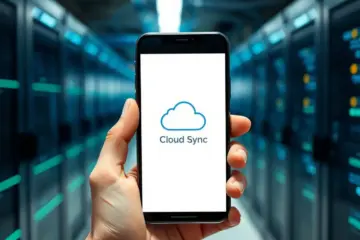 alt_text: A smartphone displaying a premium IPTV app with a "Cloud Sync" icon, backed by glowing data lines and server infrastructure.