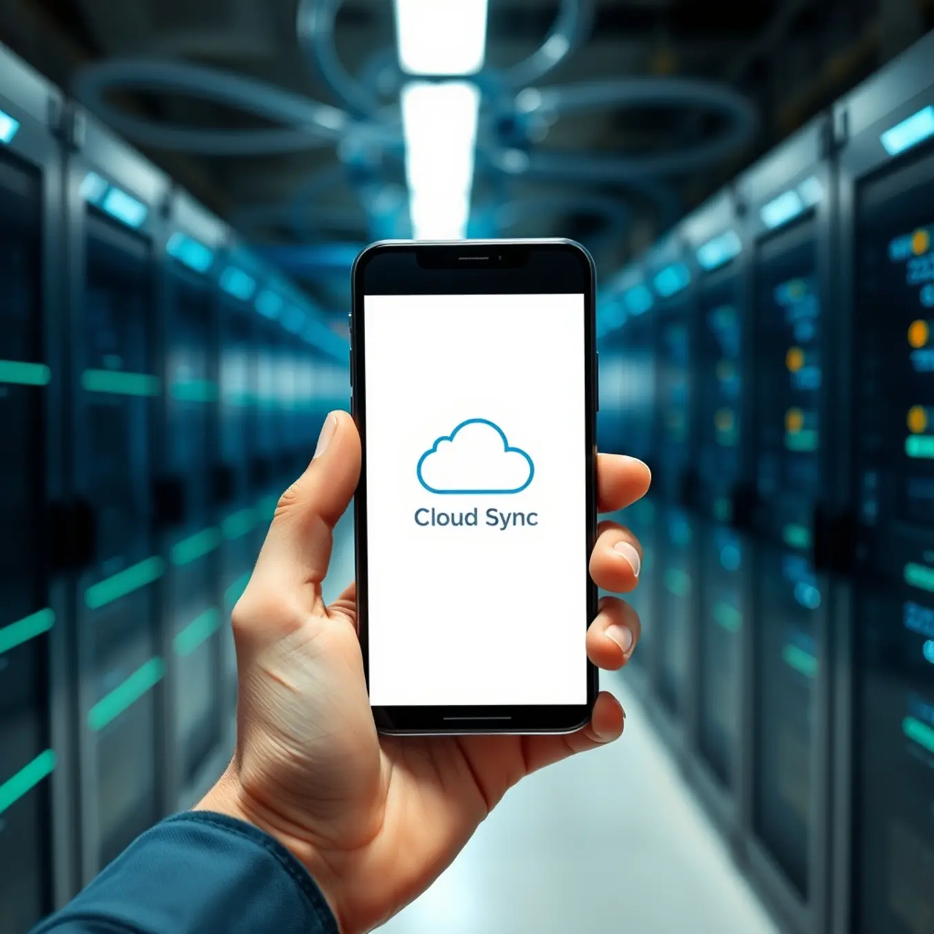 alt_text: A smartphone displaying a premium IPTV app with a "Cloud Sync" icon, backed by glowing data lines and server infrastructure.