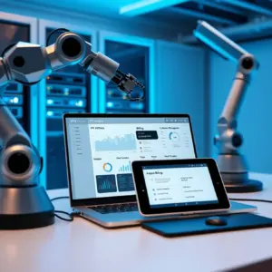 alt_text: A modern automated workspace with a laptop showing an IPTV analytics dashboard, a robotic arm, and a tablet with billing notifications.