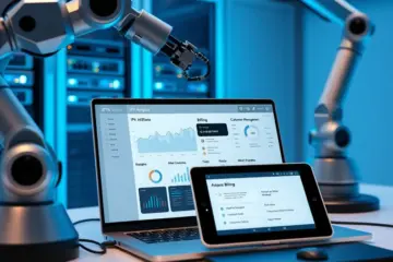 alt_text: A modern automated workspace with a laptop showing an IPTV analytics dashboard, a robotic arm, and a tablet with billing notifications.