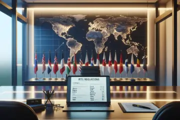 alt_text: A global legal office analyzing international IPTV regulations, shown by a world map, legal documents, and national flags.