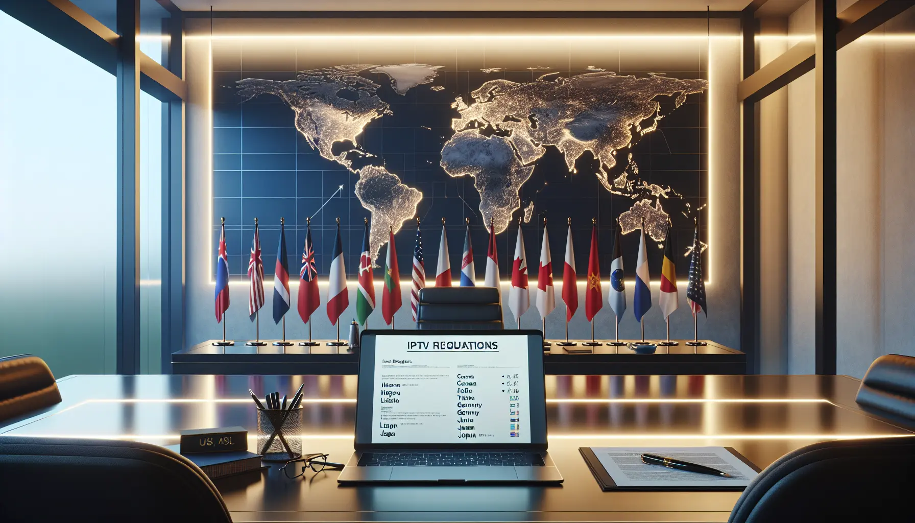 alt_text: A global legal office analyzing international IPTV regulations, shown by a world map, legal documents, and national flags.