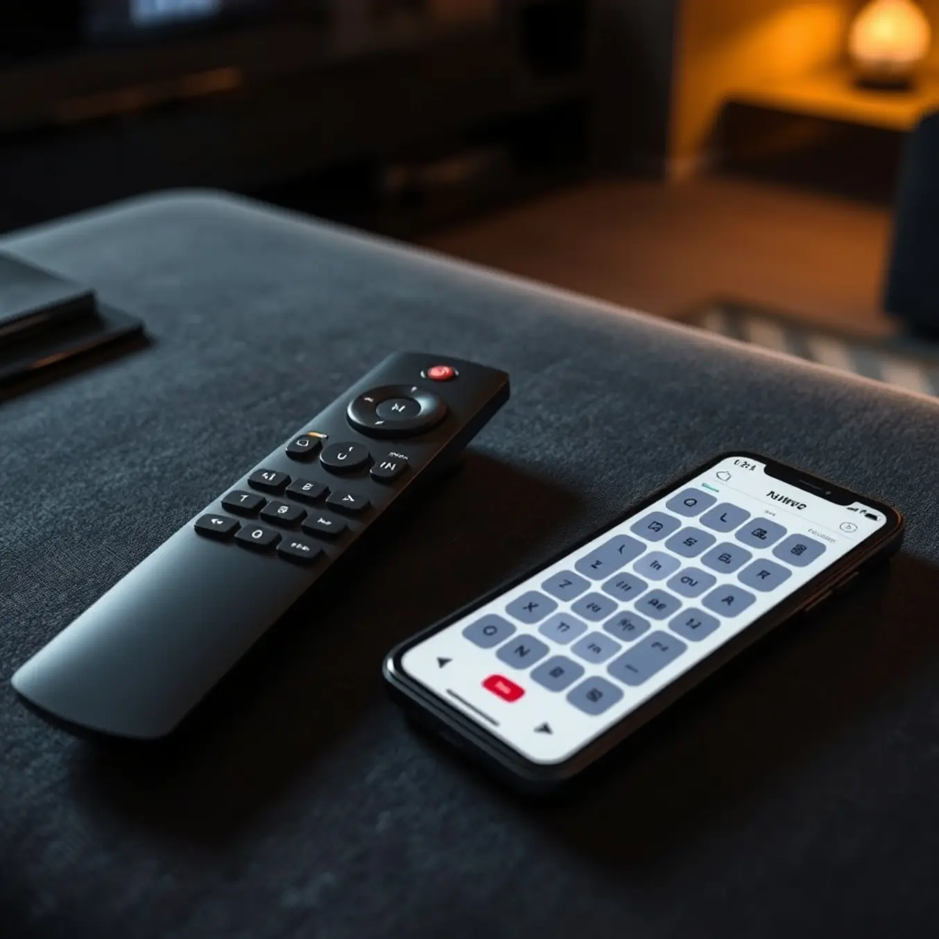 alt_text: A modern IPTV remote and a smartphone displaying a button mapping app, set on a dark surface in a contemporary living room.