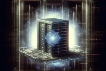 alt_text: A server in a dark data center is being physically duplicated by a shimmering, glitched hologram as a digital shield forms.