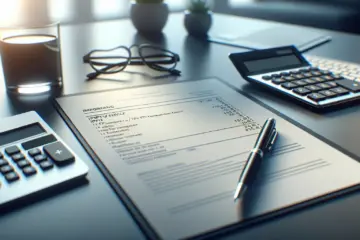 alt_text: A financial ledger for an IPTV service, with a calculator and glasses on a modern desk, focusing on tax compliance and fees.