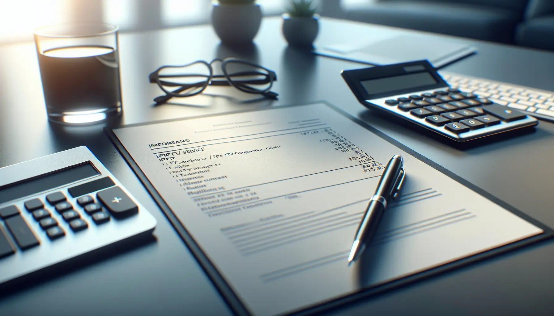 alt_text: A financial ledger for an IPTV service, with a calculator and glasses on a modern desk, focusing on tax compliance and fees.