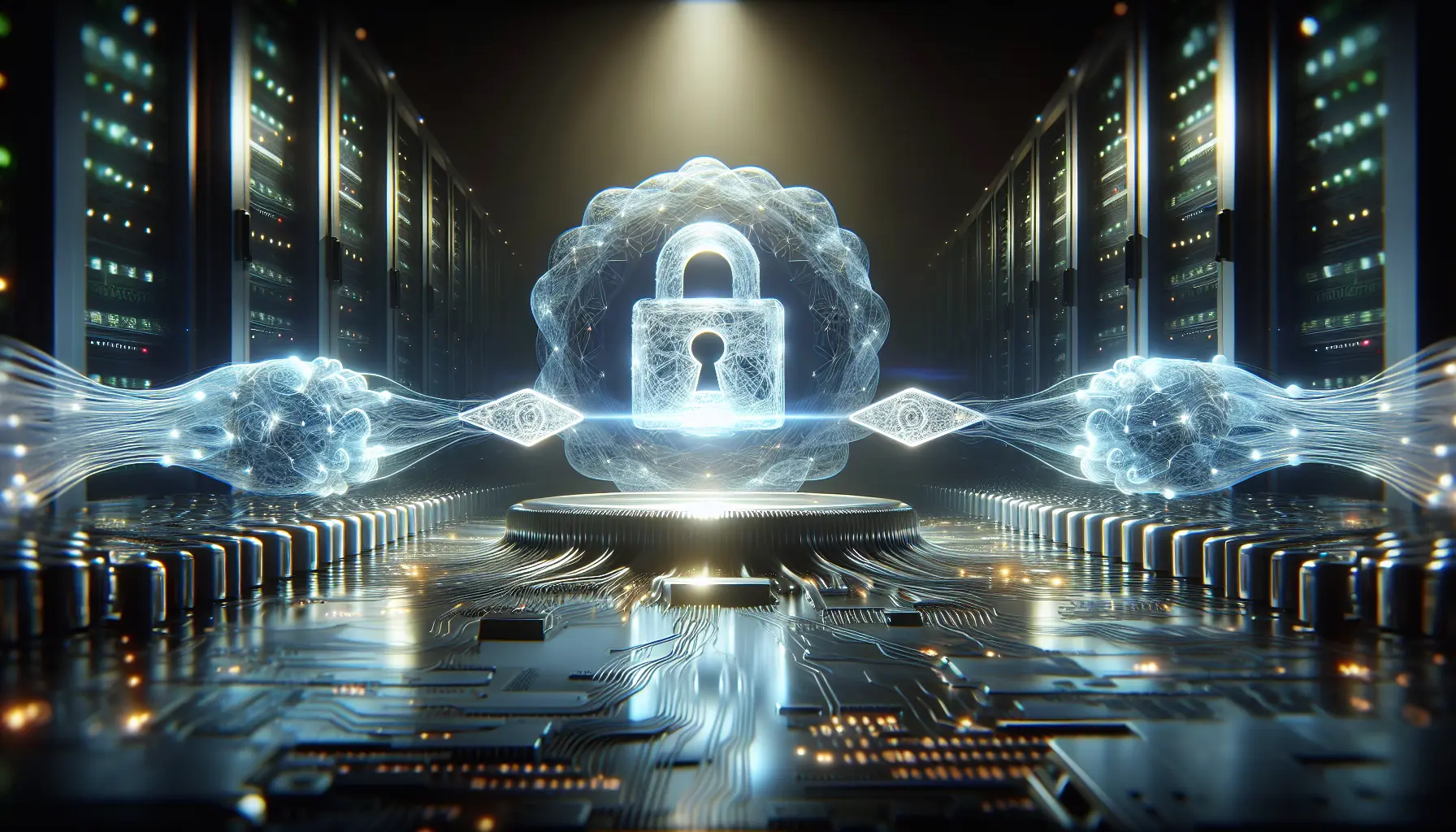 alt_text: A secure digital handshake between two glowing network nodes, with a shimmering authentication key floating between them.