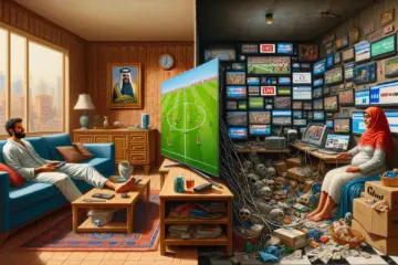 alt_text: A split image contrasts a bright, modern living room with legal streaming against a cluttered space showing a chaotic, low-quality pirate stream.