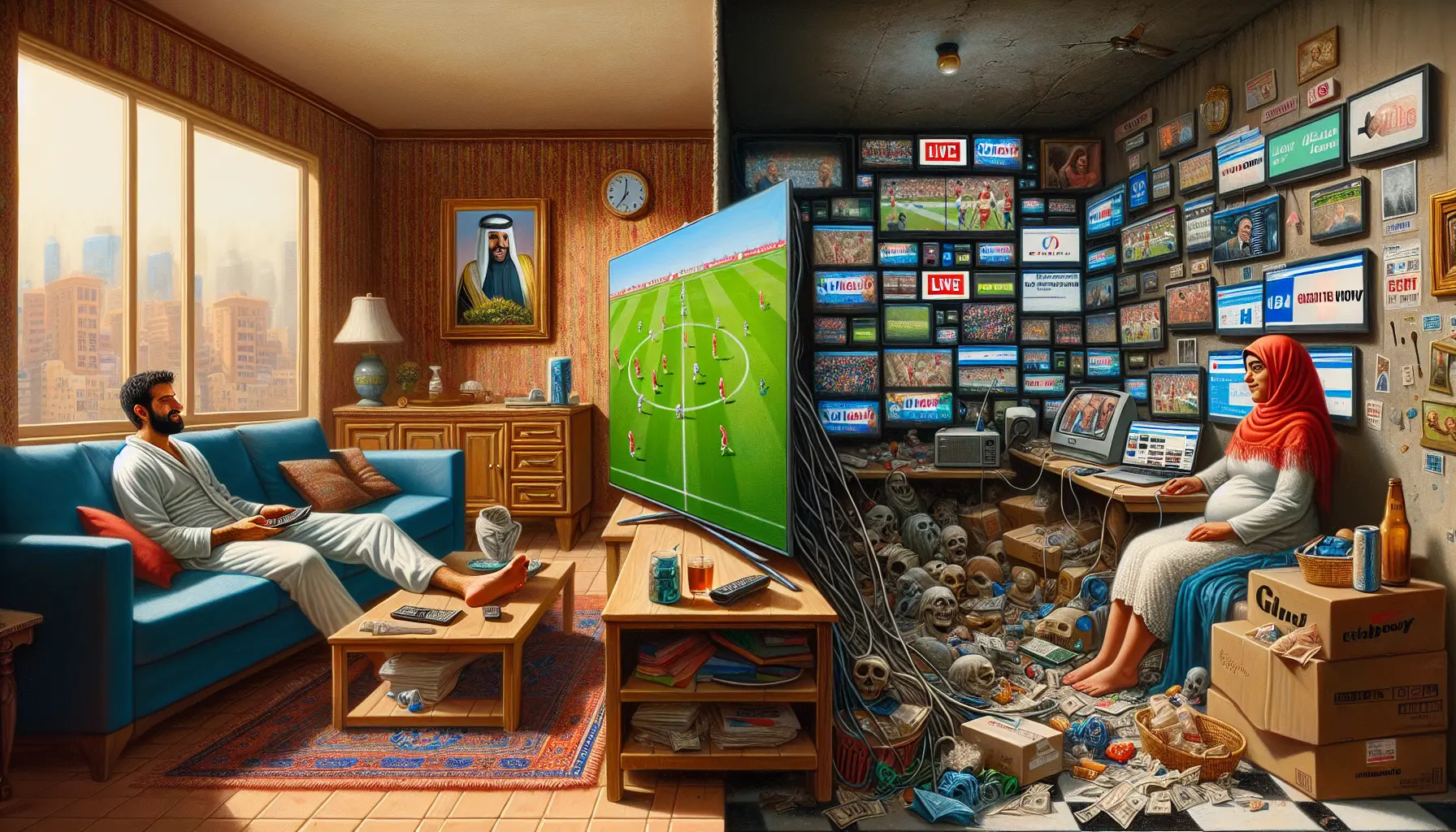 alt_text: A split image contrasts a bright, modern living room with legal streaming against a cluttered space showing a chaotic, low-quality pirate stream.