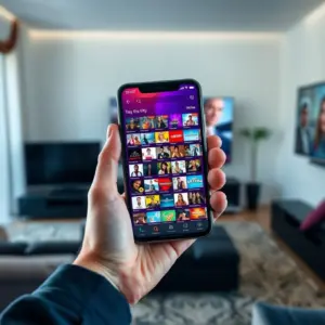 alt_text: A smartphone displaying a vibrant IPTV app with a grid of HD channels, held in a hand against a modern living room backdrop.