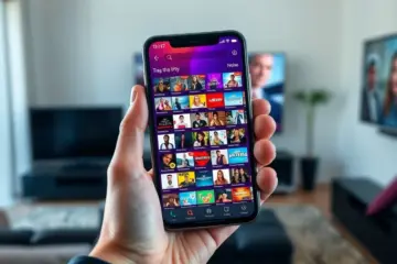 alt_text: A smartphone displaying a vibrant IPTV app with a grid of HD channels, held in a hand against a modern living room backdrop.