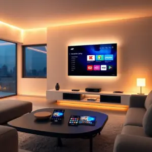 alt_text: A sleek, modern living room at dusk, filled with glowing screens and fiber optics, symbolizing digital connectivity.