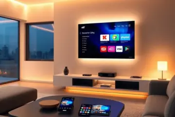alt_text: A sleek, modern living room at dusk, filled with glowing screens and fiber optics, symbolizing digital connectivity.