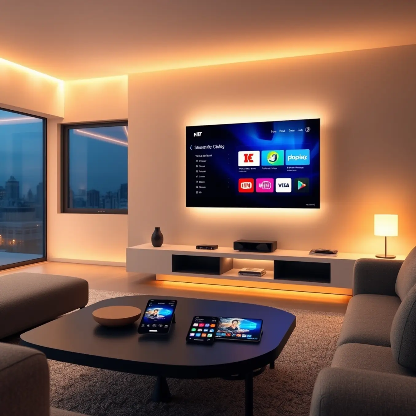 alt_text: A sleek, modern living room at dusk, filled with glowing screens and fiber optics, symbolizing digital connectivity.