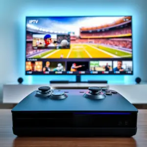 alt_text: A modern gaming console in a tech setup with a vibrant IPTV menu showing live sports on a large 4K monitor.