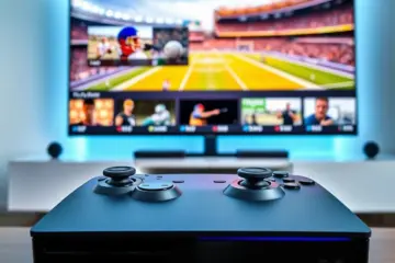 alt_text: A modern gaming console in a tech setup with a vibrant IPTV menu showing live sports on a large 4K monitor.