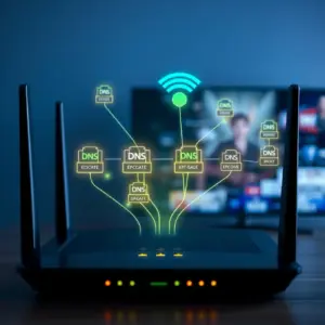 alt_text: A hyper-realistic Wi-Fi router with glowing lights, overlaid with a network map sending data to a smart TV showing a crisp IPTV stream.