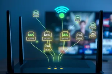 alt_text: A hyper-realistic Wi-Fi router with glowing lights, overlaid with a network map sending data to a smart TV showing a crisp IPTV stream.