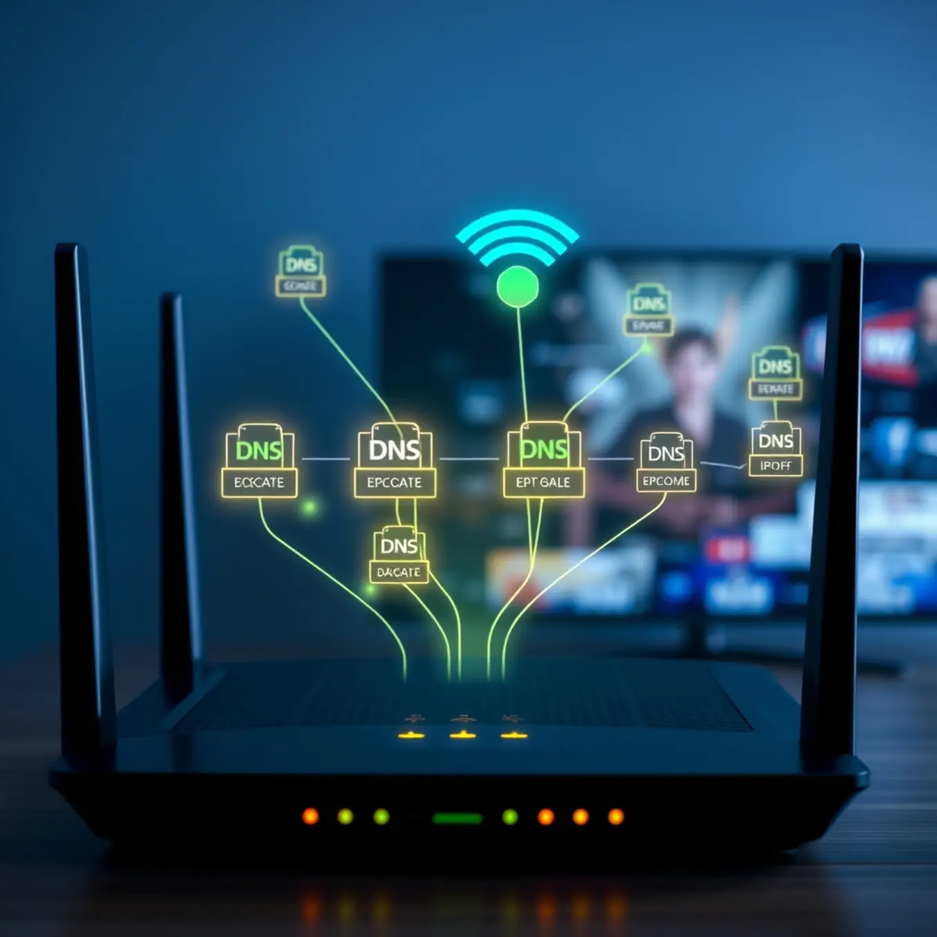 alt_text: A hyper-realistic Wi-Fi router with glowing lights, overlaid with a network map sending data to a smart TV showing a crisp IPTV stream.