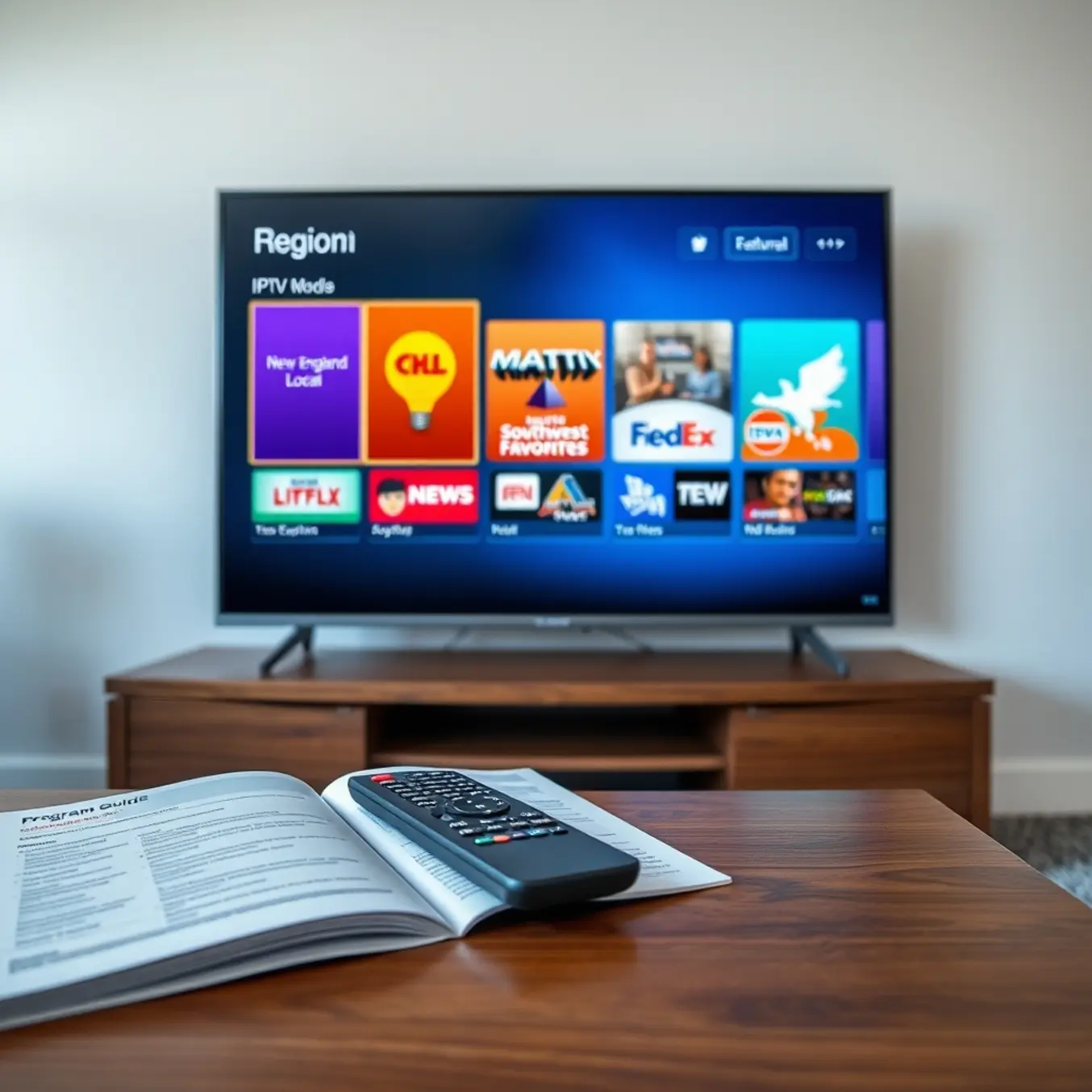 alt_text: A modern living room with a TV displaying regional IPTV channel packs. A remote and program guide sit on the coffee table.