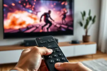 alt_text: Close-up of hands adjusting audio delay (+150ms) on a sleek remote, with a sharp 4K TV displaying an action movie in the background.
