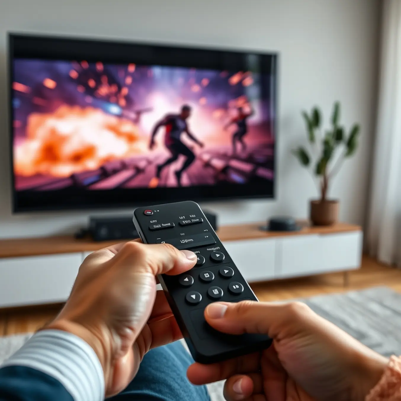 alt_text: Close-up of hands adjusting audio delay (+150ms) on a sleek remote, with a sharp 4K TV displaying an action movie in the background.